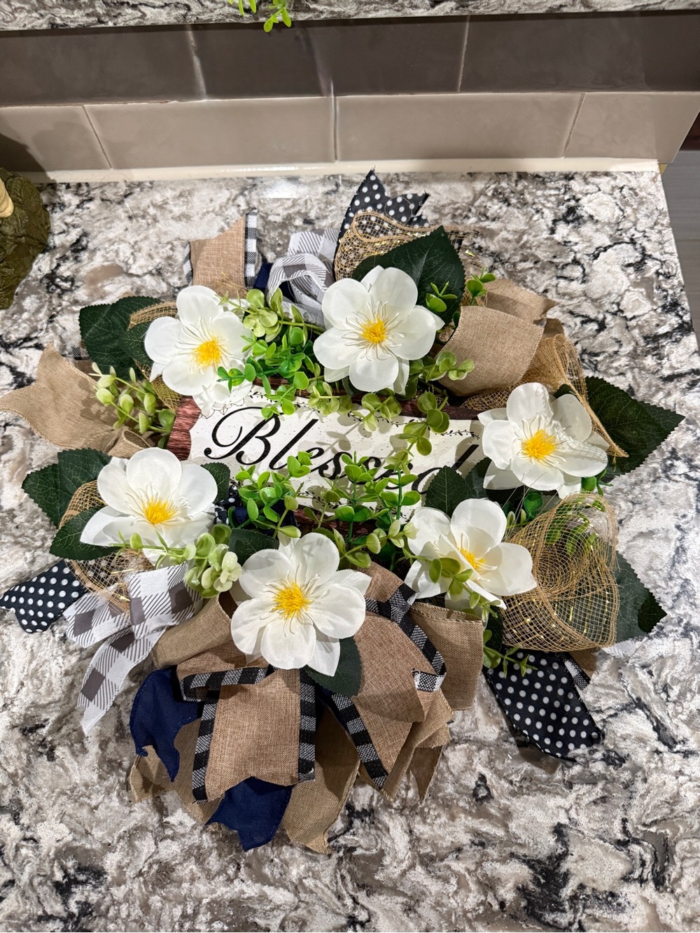 Hobby Lobby White Magnolia Wreath with Burlap, Black & Navy Accents